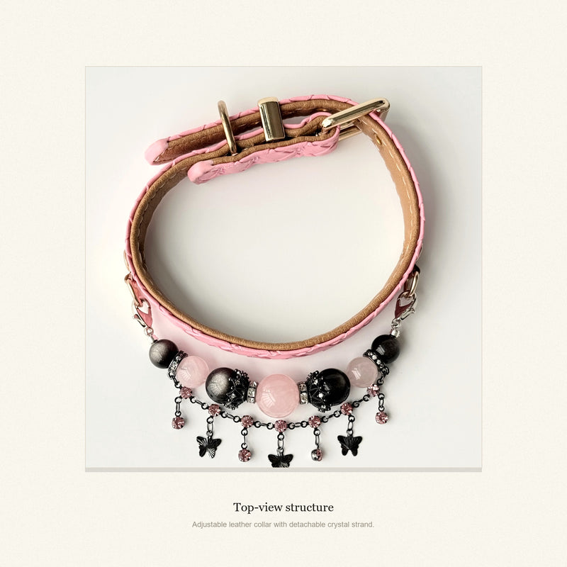 BARYON Rose Smoke pink collar with black and rose stone sequence, top view