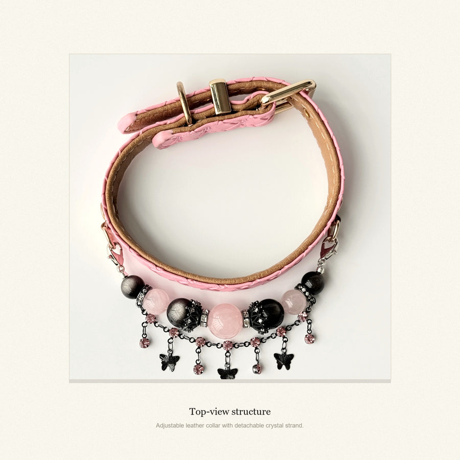 BARYON Rose Smoke pink collar with black and rose stone sequence, top view