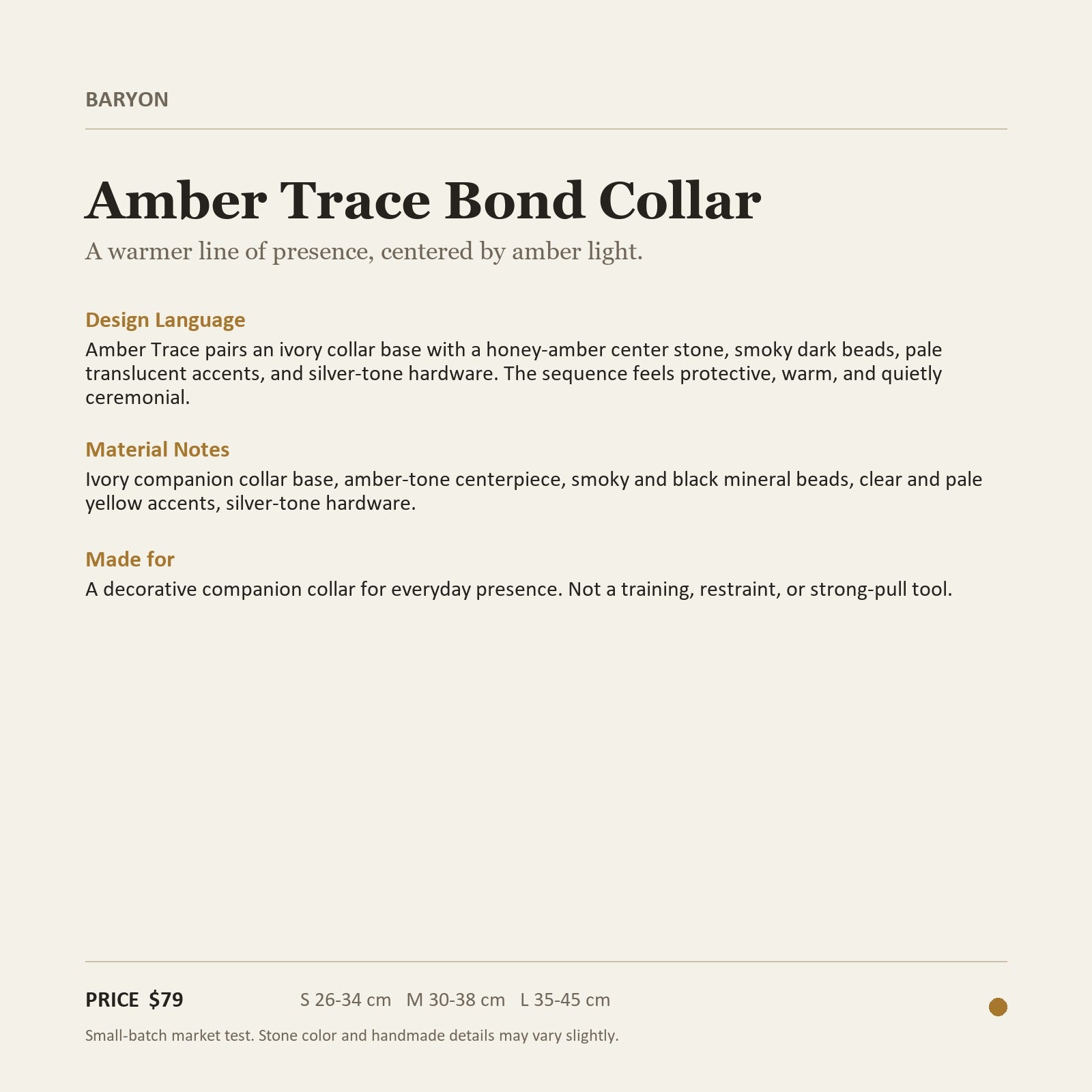 BARYON Amber Trace Bond Collar product information and design language card