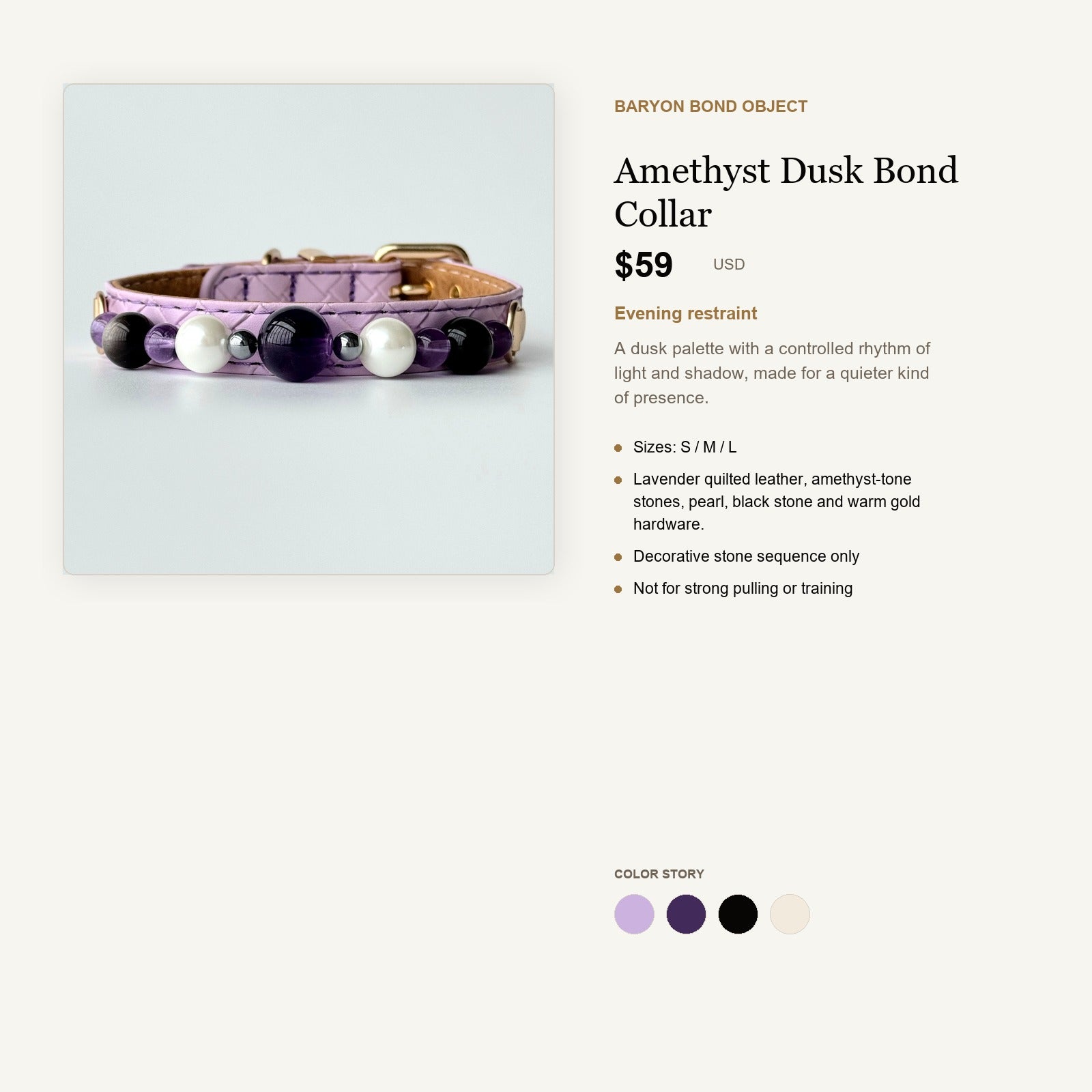 Amethyst Dusk Bond Collar product information and design language card
