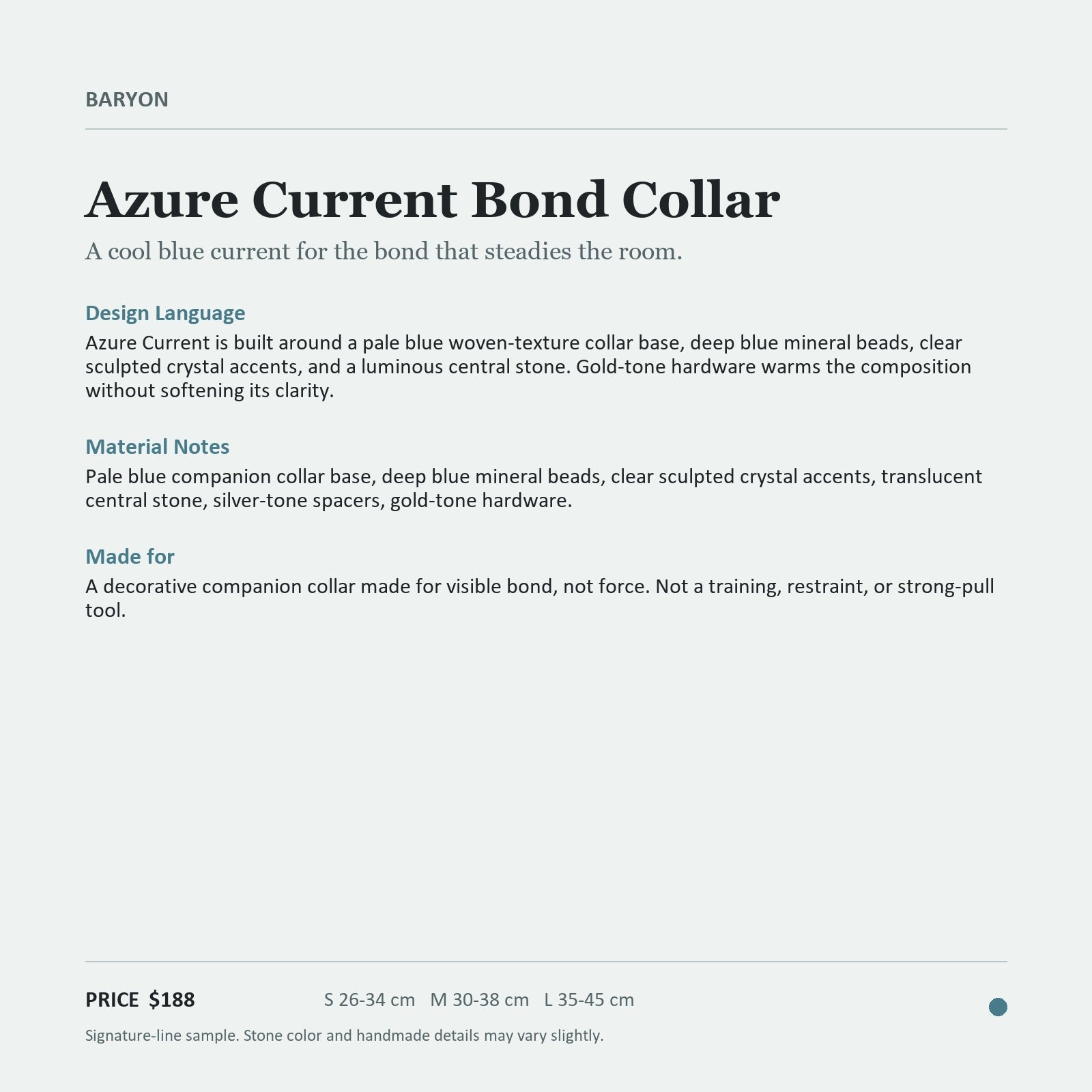 BARYON Azure Current Bond Collar product information and design language card