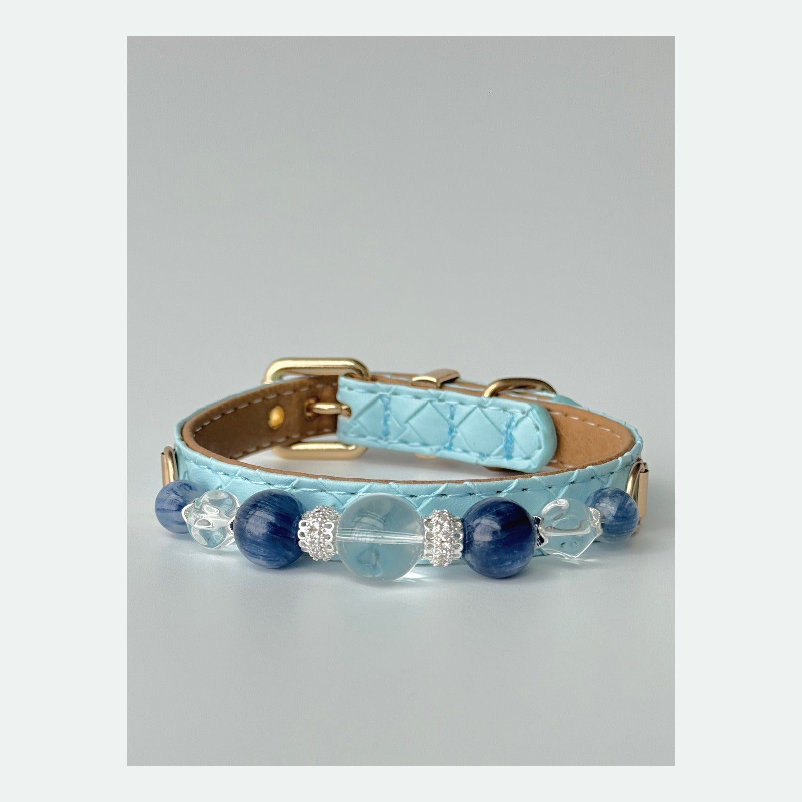 BARYON Azure Current Bond Collar pale blue leather with deep blue and clear stone sequence
