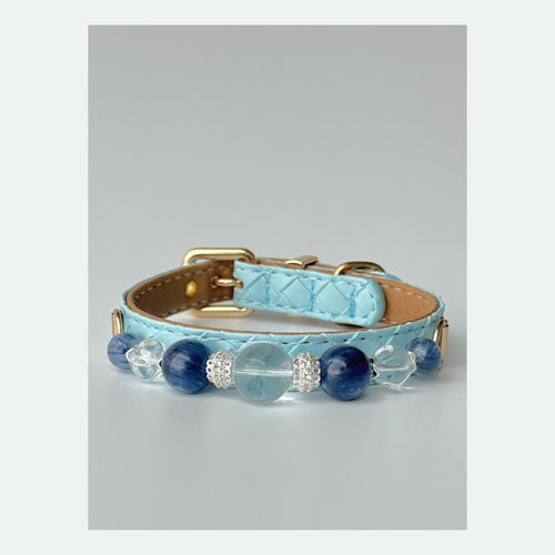 BARYON Azure Current Bond Collar pale blue leather with deep blue and clear stone sequence