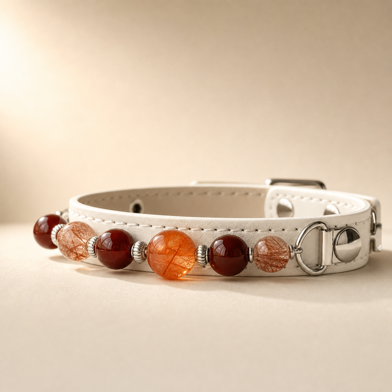BARYON Ivory Ember companion collar with ivory leather and red orange mineral sequence