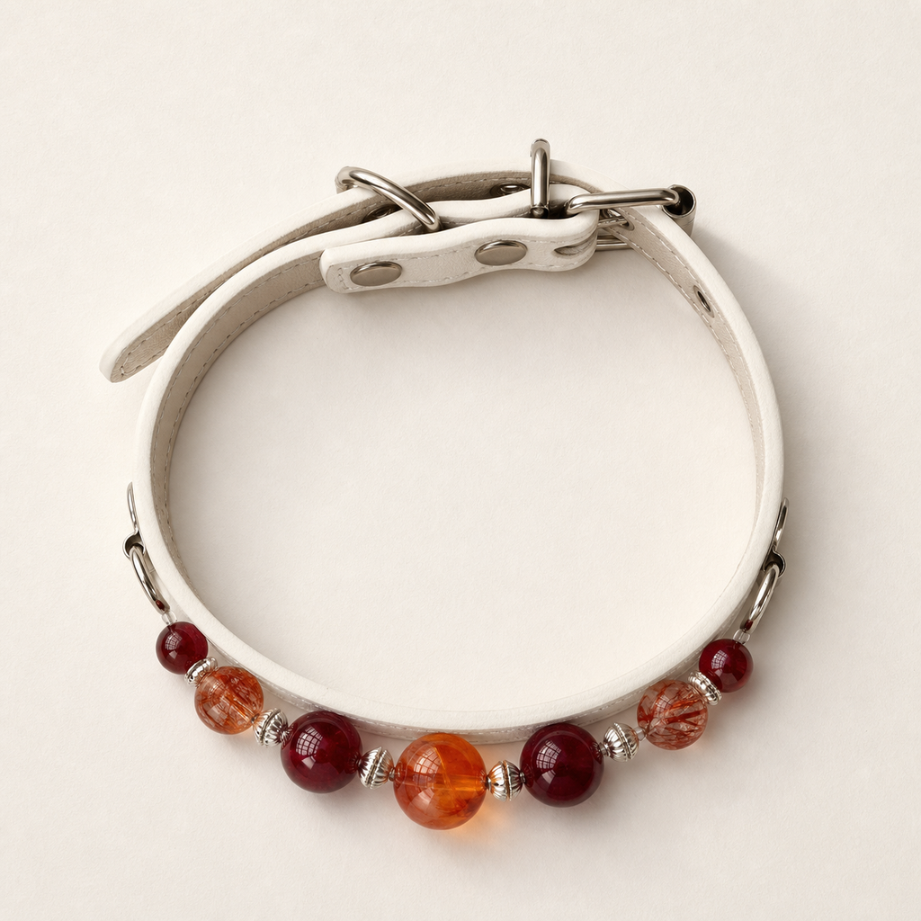 BARYON Ivory Ember companion collar top view showing adjustable ivory leather and mineral strand