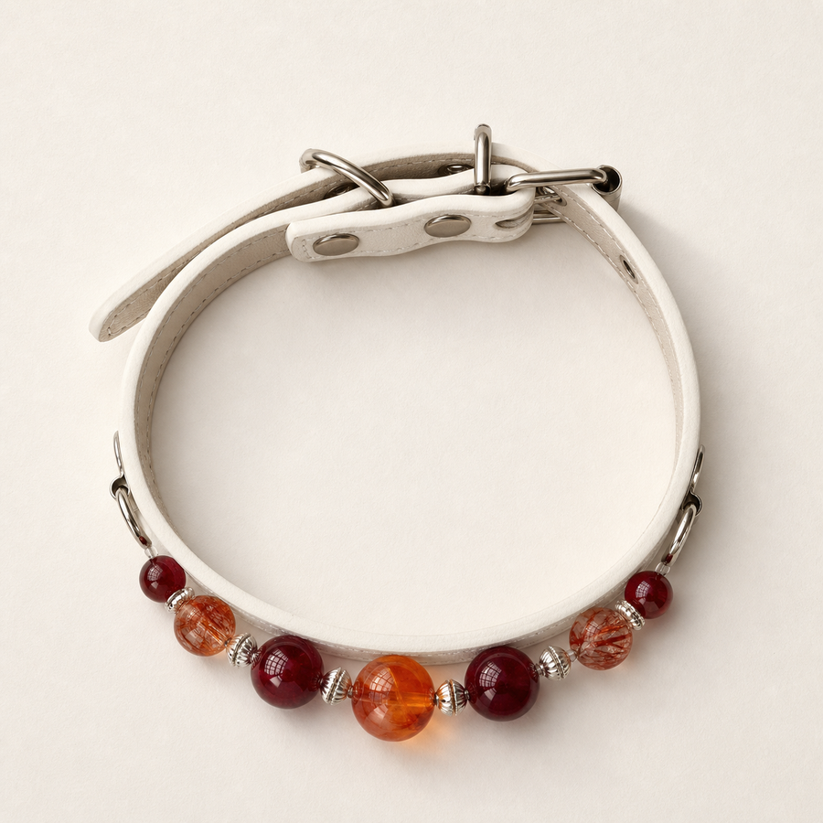 BARYON Ivory Ember companion collar top view showing adjustable ivory leather and mineral strand