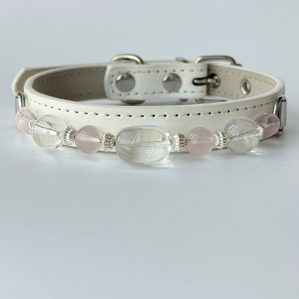 BARYON Ivory Mist Daily Ritual Collar ivory leather with clear and pale rose stone sequence
