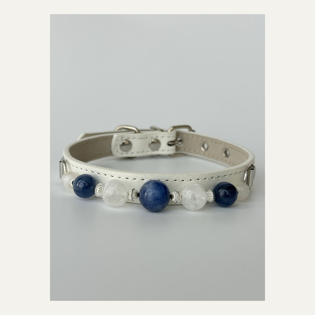 BARYON Ivory Tide Bond Collar ivory leather with deep blue and milky white stone sequence