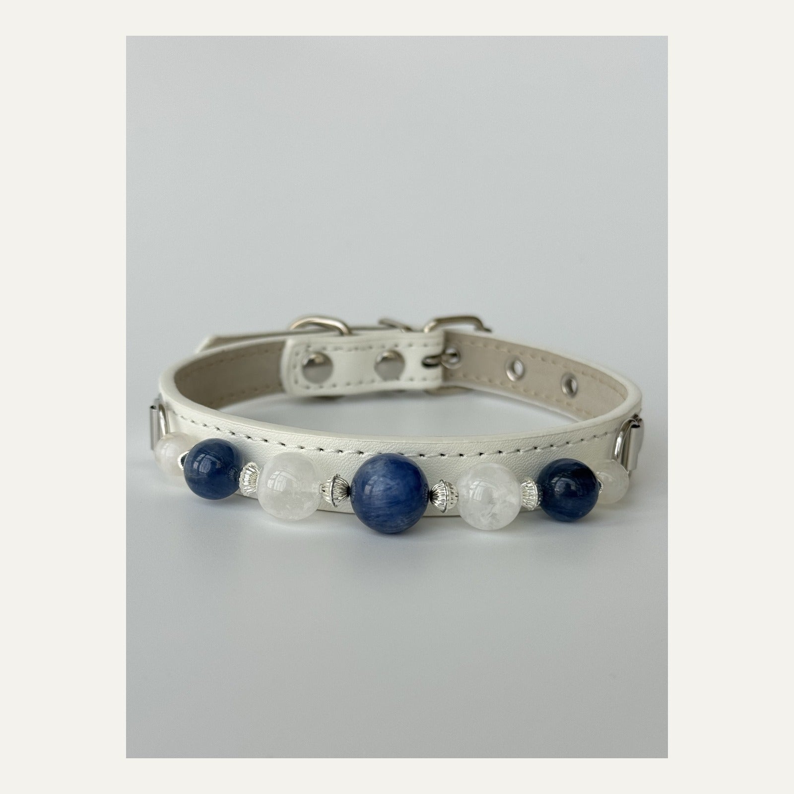 BARYON Ivory Tide Bond Collar ivory leather with deep blue and milky white stone sequence