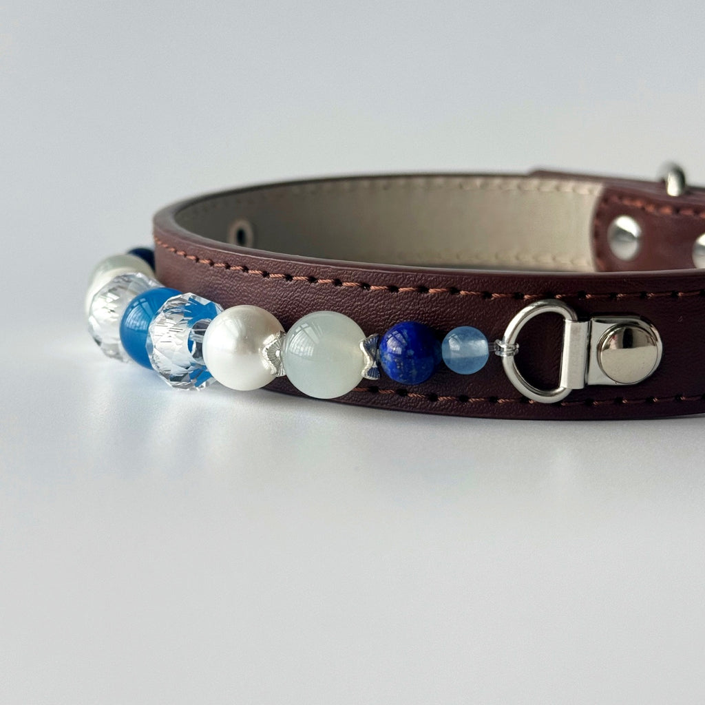 BARYON Lunar Tide Daily Ritual Collar brown leather with blue and pearl stone sequence