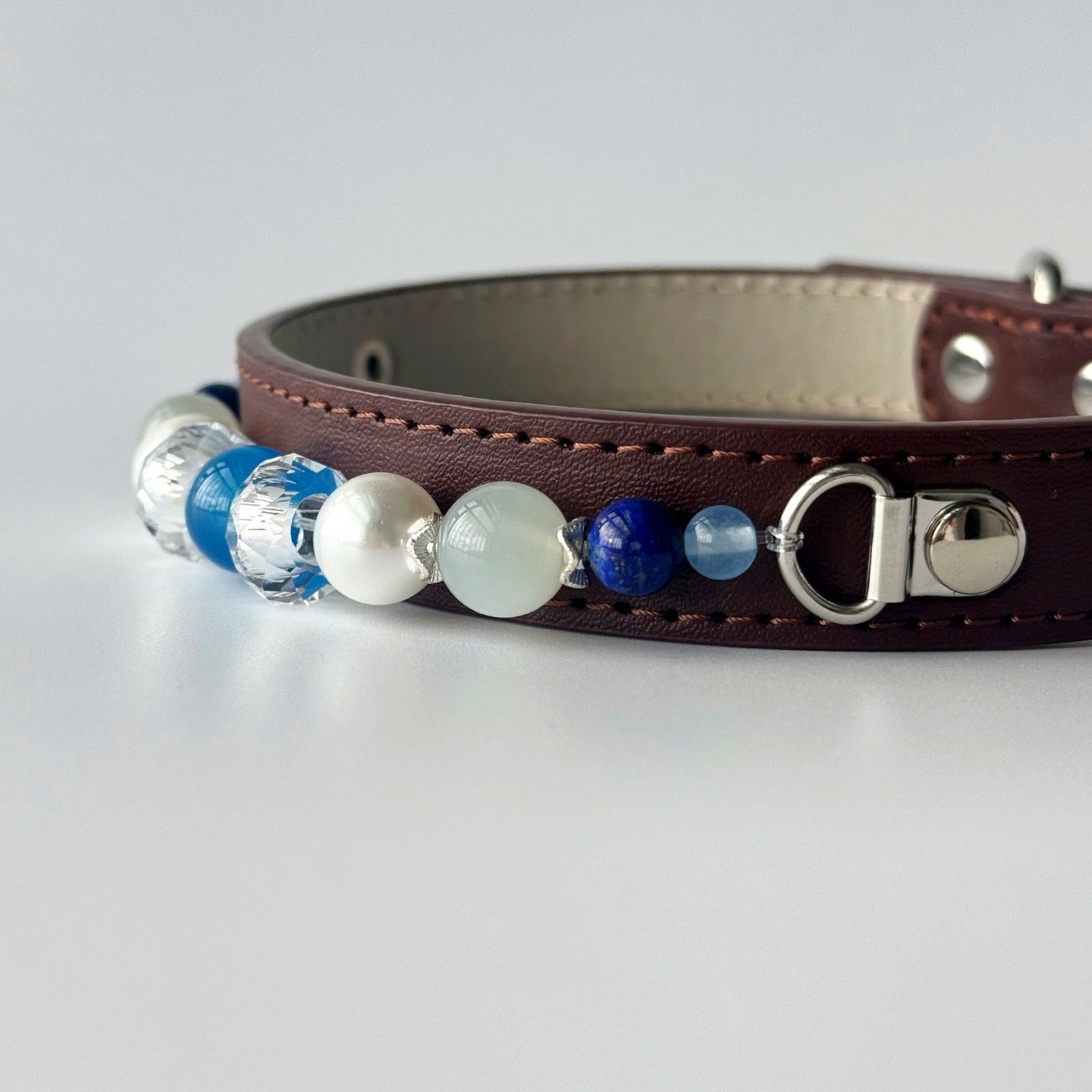 BARYON Lunar Tide Daily Ritual Collar brown leather with blue and pearl stone sequence