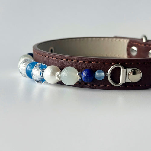 BARYON Lunar Tide Daily Ritual Collar brown leather with blue and pearl stone sequence