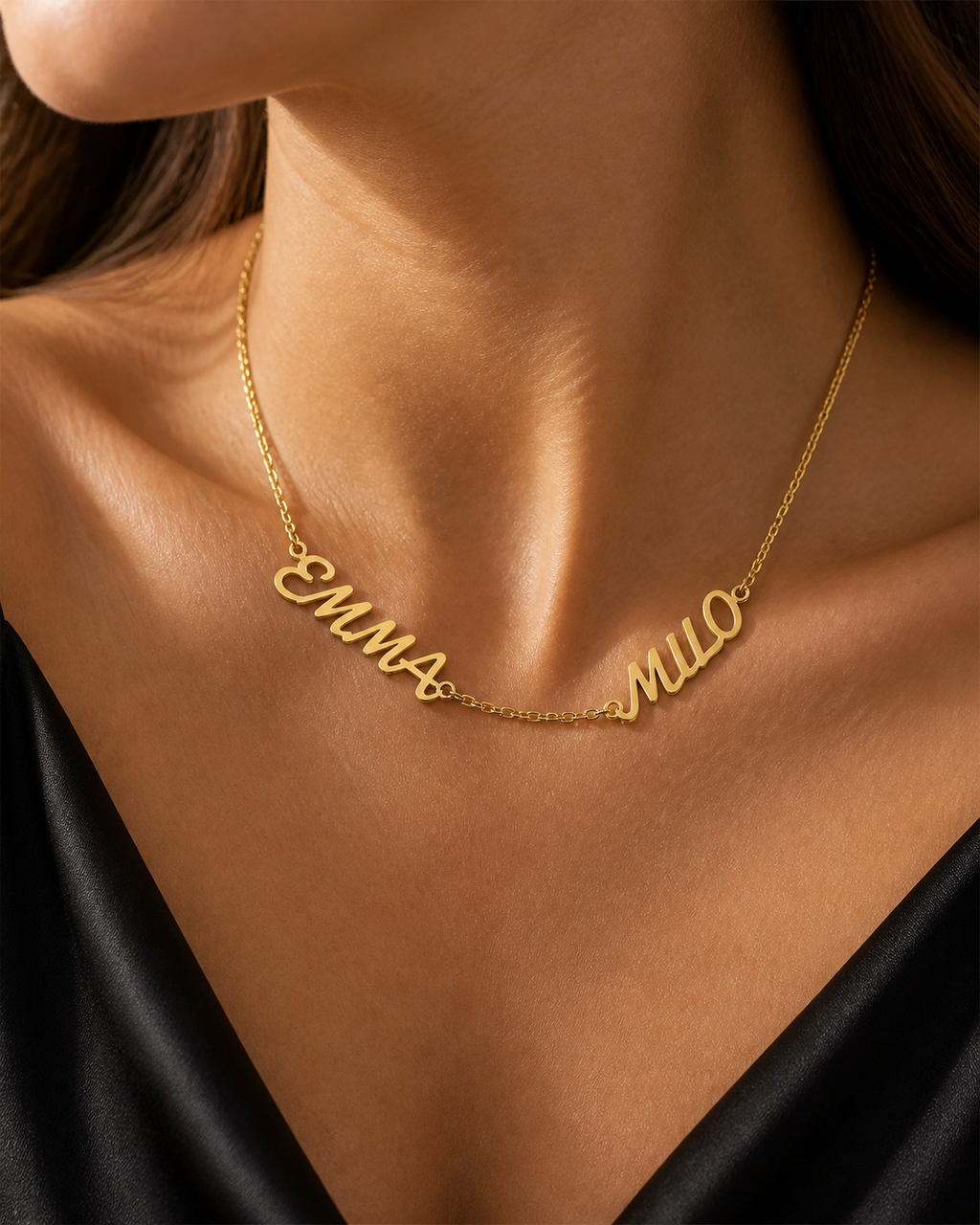 Names Between Us Necklace in 18K yellow gold finish, worn at the collarbone