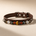 BARYON Still Signal brown leather companion collar with tiger eye, smoky stone, clear quartz, red agate, and gold spacers
