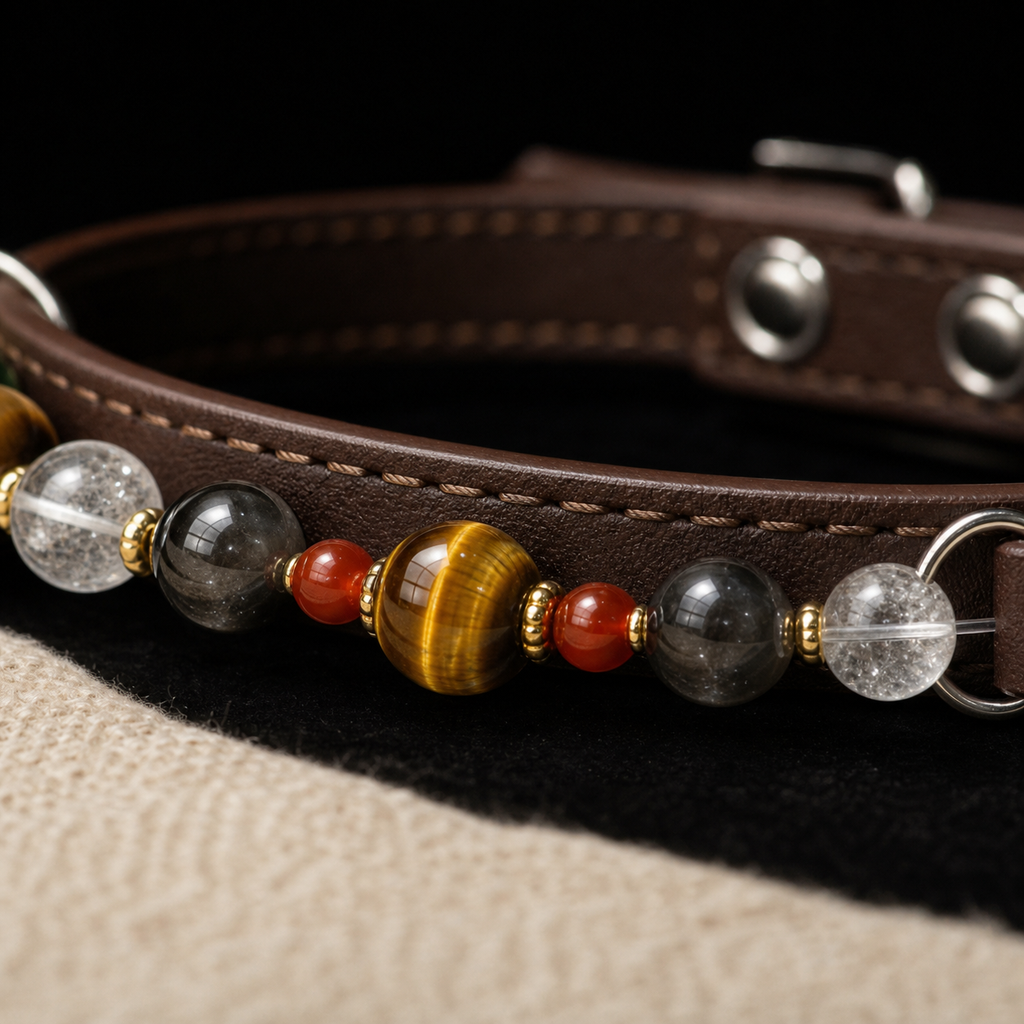 Macro detail of BARYON Still Signal brown leather, tiger eye, clear quartz, smoky beads, red agate, and gold spacers