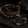 BARYON Noir Guardian black leather and dark stone matching pet collar and human bracelet