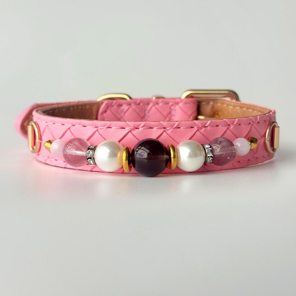 BARYON Rose Smoke Daily Ritual Collar pink quilted leather with pearl and smoky stone sequence