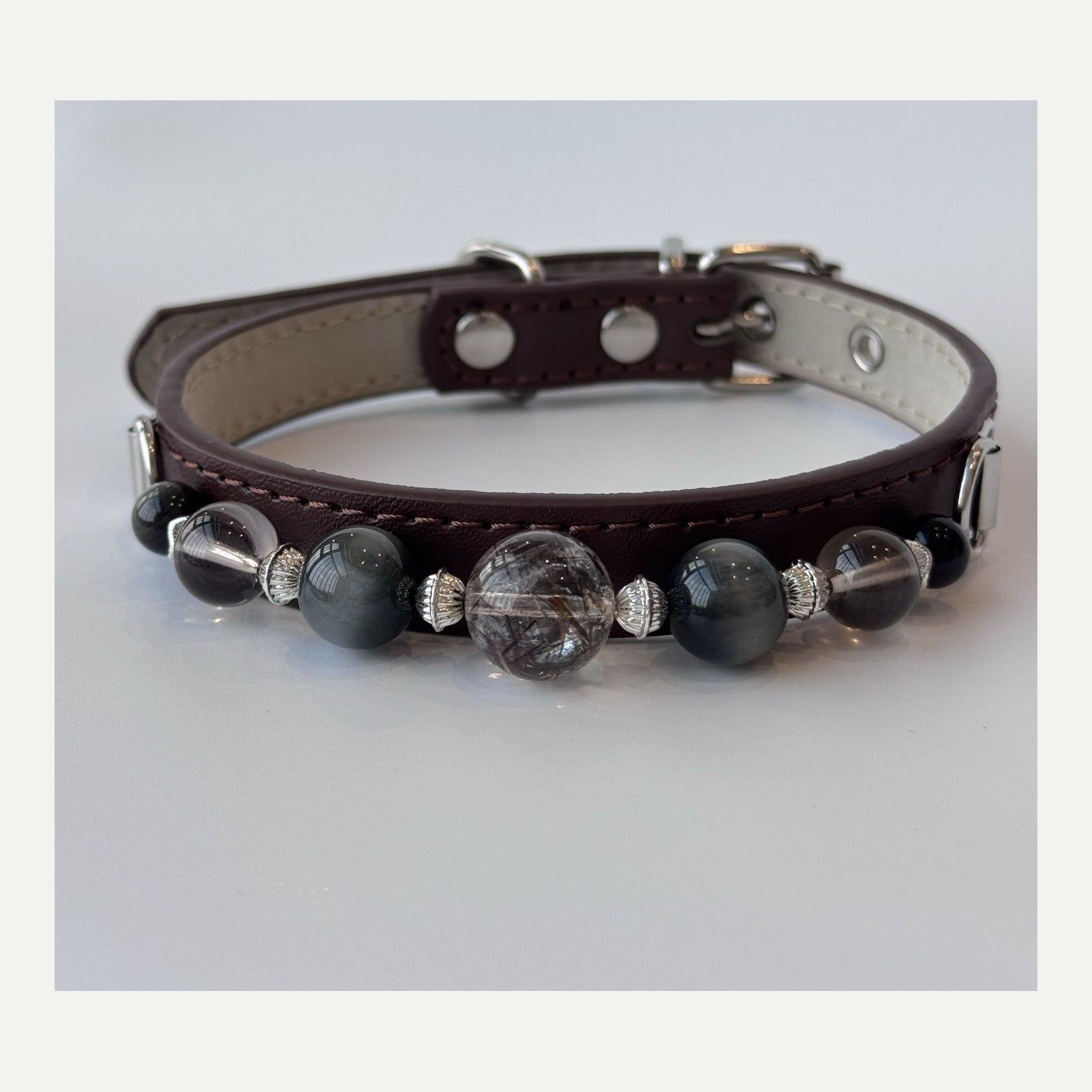 BARYON Smoke Meridian Bond Collar wine brown leather with grey black mineral stone sequence