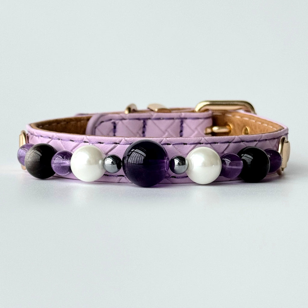 BARYON Violet Dusk Daily Ritual Collar lavender leather with purple pearl and black stone sequence