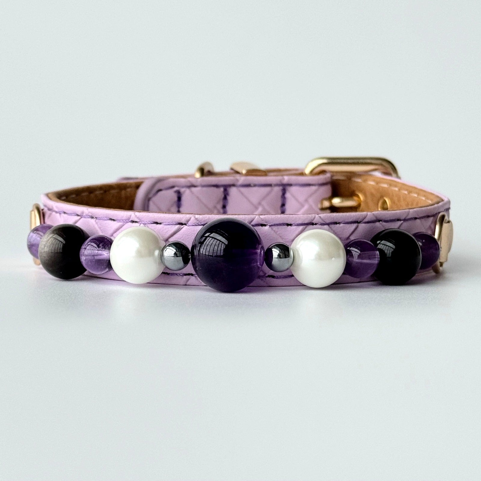 BARYON Violet Dusk Daily Ritual Collar lavender leather with purple pearl and black stone sequence